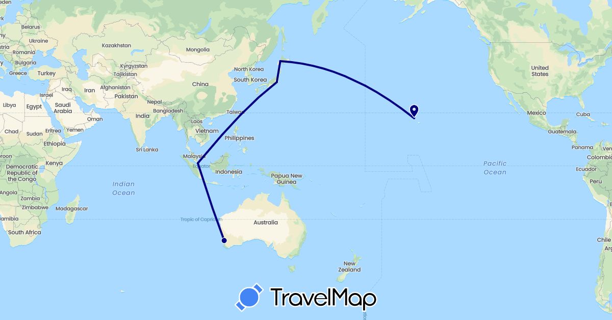 TravelMap itinerary: driving in Australia, Japan, Singapore, United States (Asia, North America, Oceania)